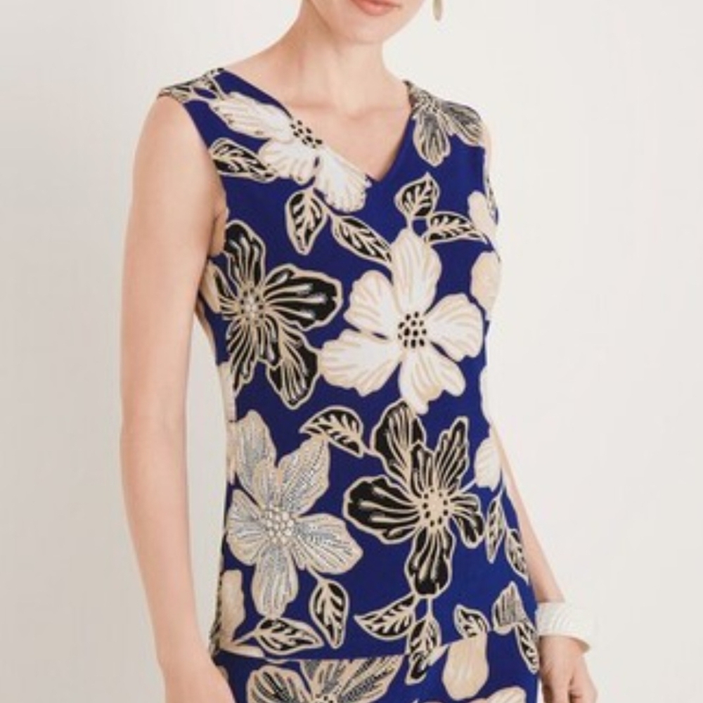 Chico's Seafaring Blue, Cream and Tan Floral Reversable Tank  Size 1 (Med/8) New